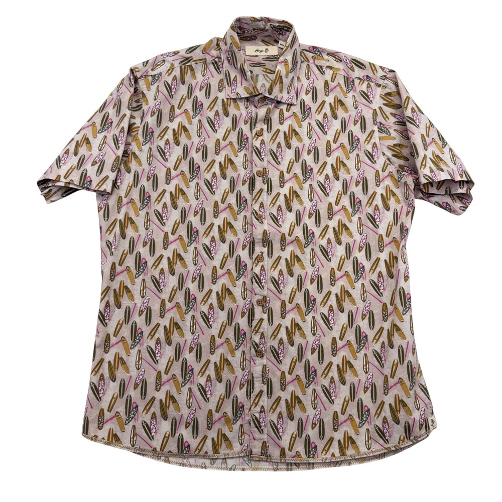 Borgo 28 Button Down Mens Medium Surfboard Print Short Sleeve Cotton Shirt